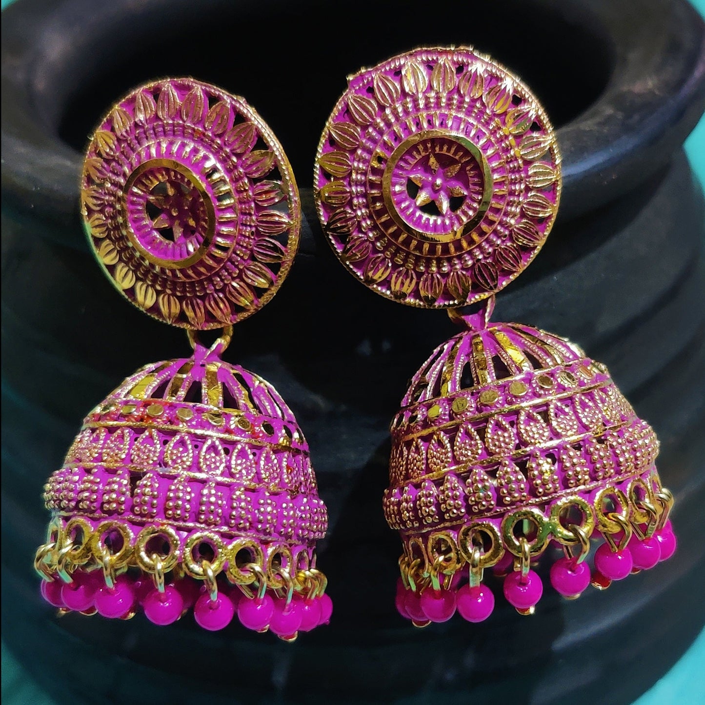 Vastradi Alloy Golden Traditional Jhumka in Pink Colour VSER1200035
