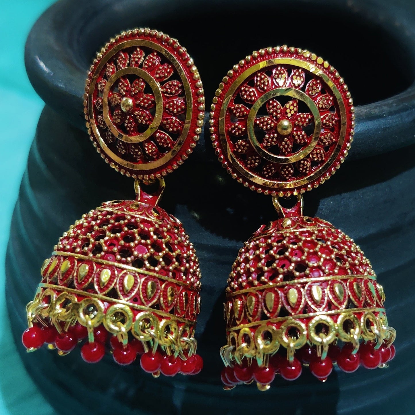 Vastradi Alloy Golden Traditional Jhumka in Red Colour VSER1200038