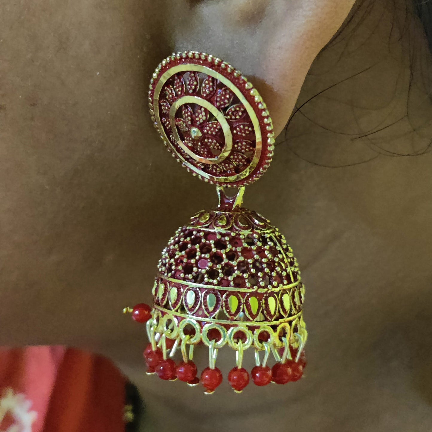 Vastradi Alloy Golden Traditional Jhumka in Red Colour VSER1200038
