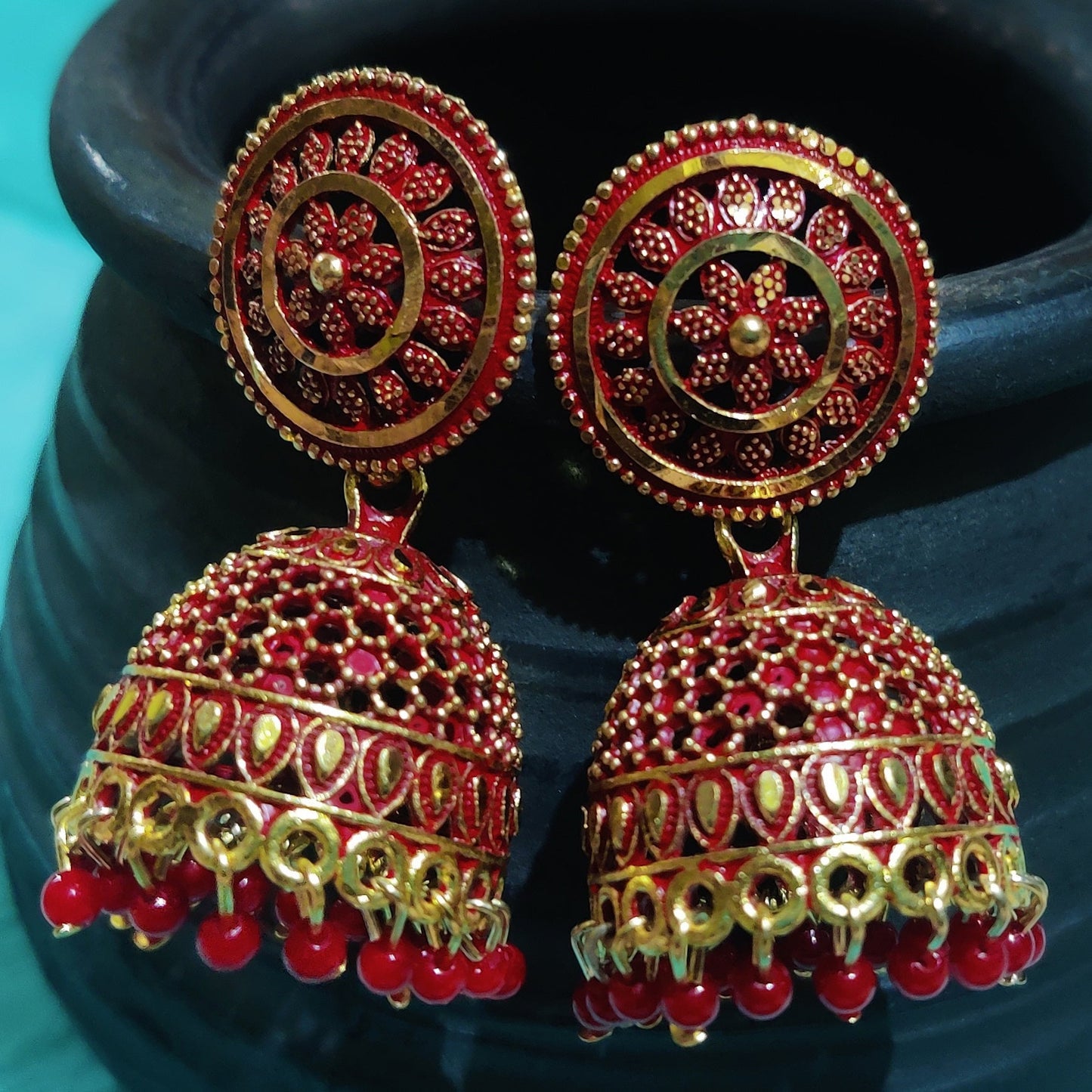 Vastradi Alloy Golden Traditional Jhumka in Red Colour VSER1200038