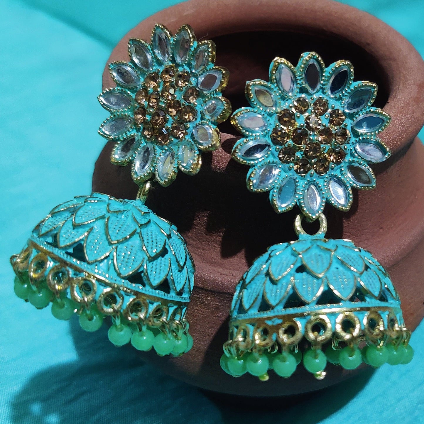 Vastradi Alloy Golden Traditional Jhumka in Sky Blue Colour VSER1200041