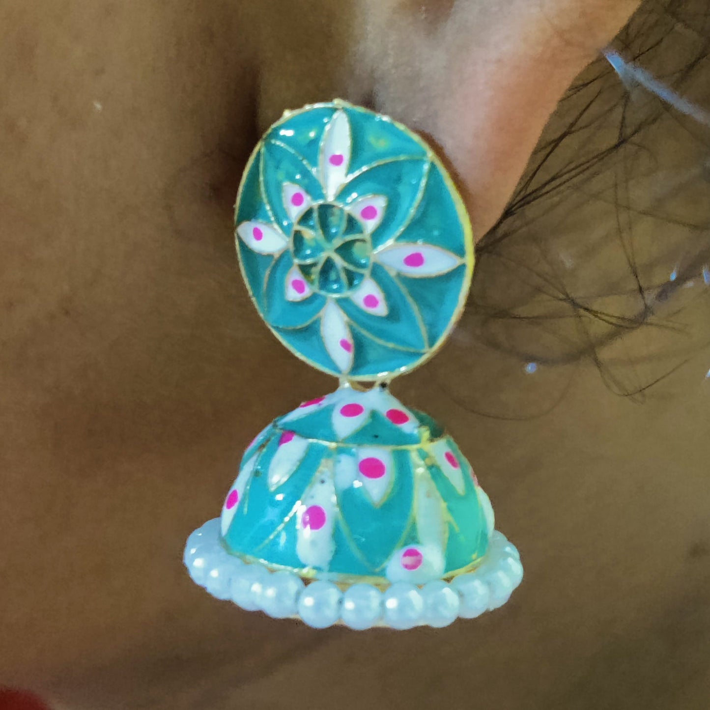 Vastradi Alloy Minakari White Beads Jhumki in Aqua Blue Colour VSER1200020