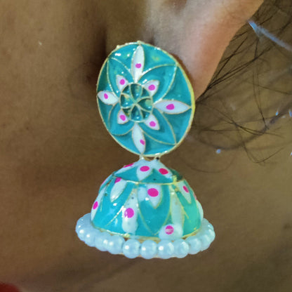 Vastradi Alloy Minakari White Beads Jhumki in Aqua Blue Colour VSER1200020