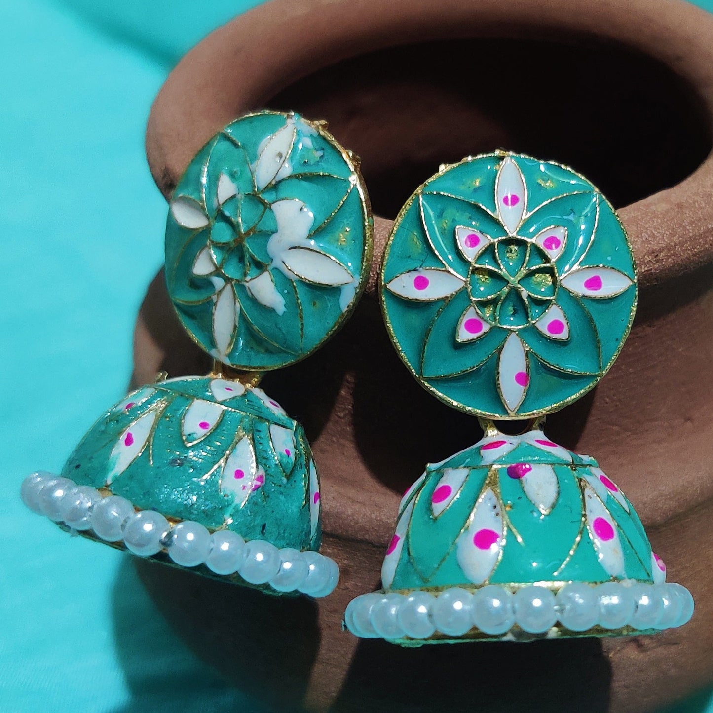 Vastradi Alloy Minakari White Beads Jhumki in Aqua Blue Colour VSER1200020