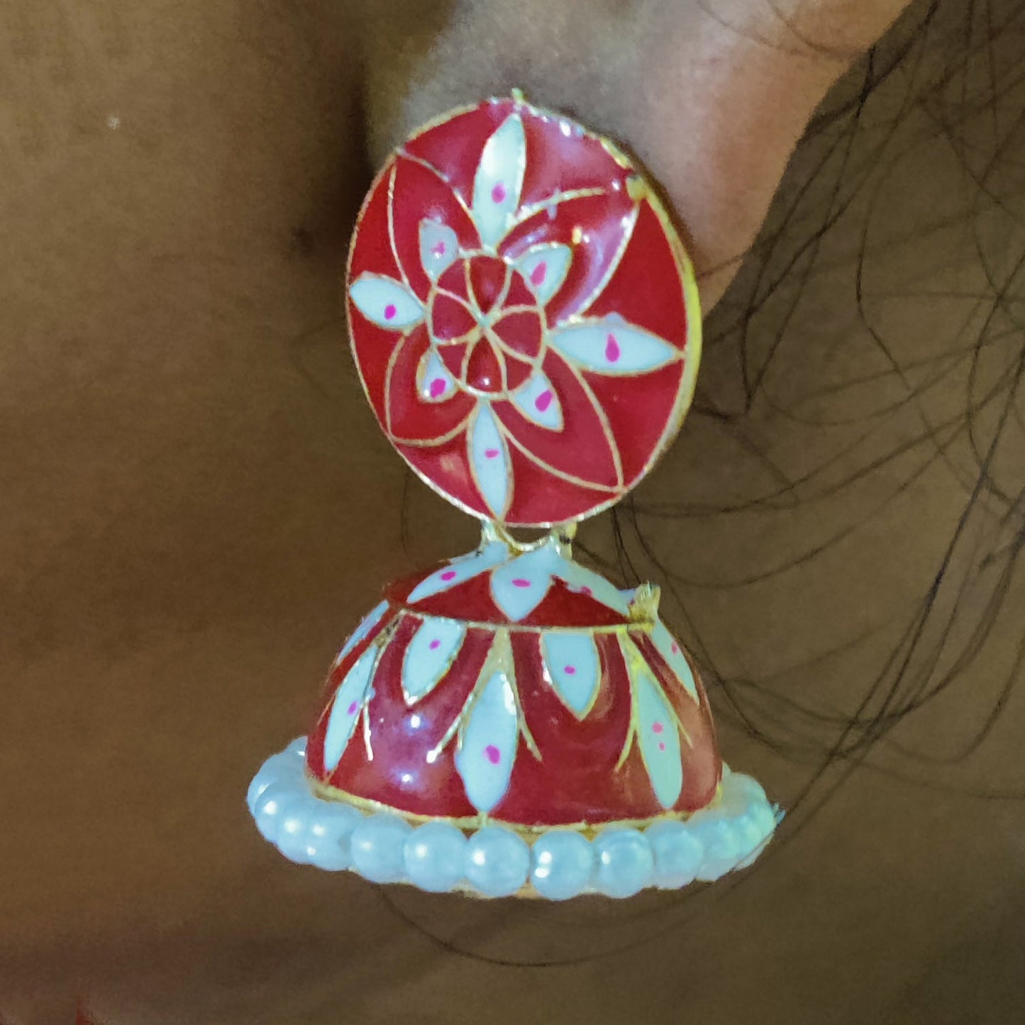 Vastradi Alloy Minakari White Beads Jhumki in Red Colour VSER1200011