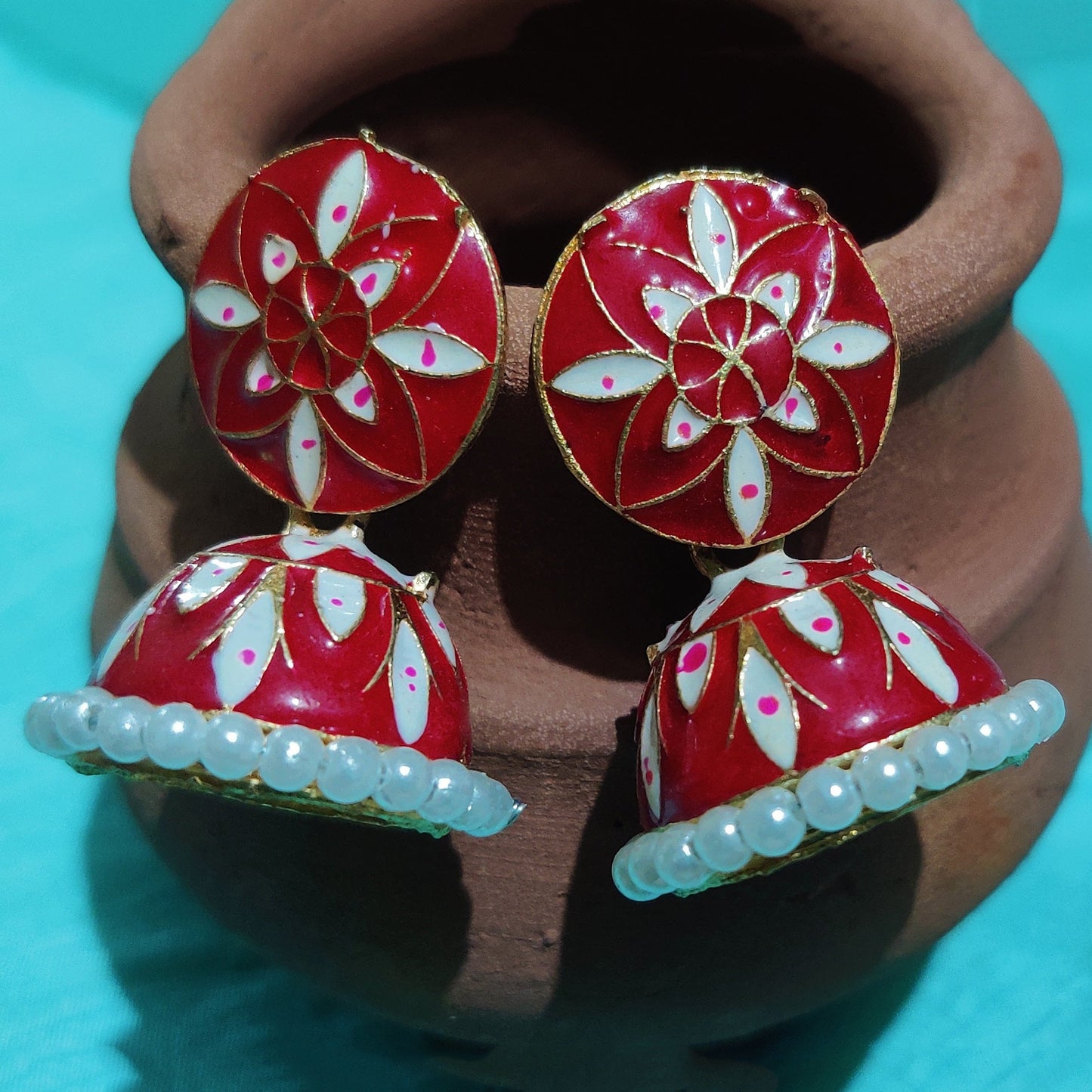 Vastradi Alloy Minakari White Beads Jhumki in Red Colour VSER1200011