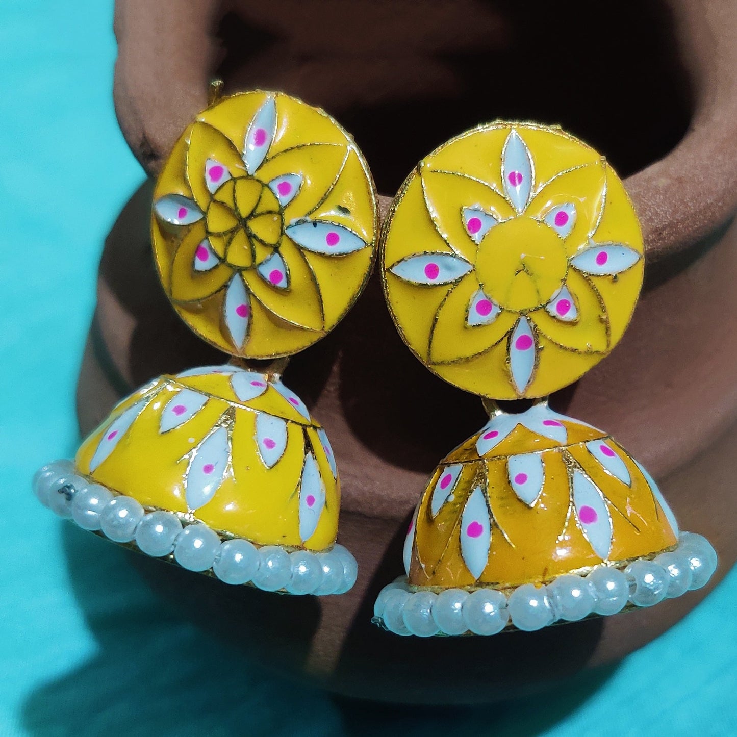 Vastradi Alloy Minakari White Beads Jhumki in Yellow Colour VSER1200017