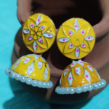 Vastradi Alloy Minakari White Beads Jhumki in Yellow Colour VSER1200017