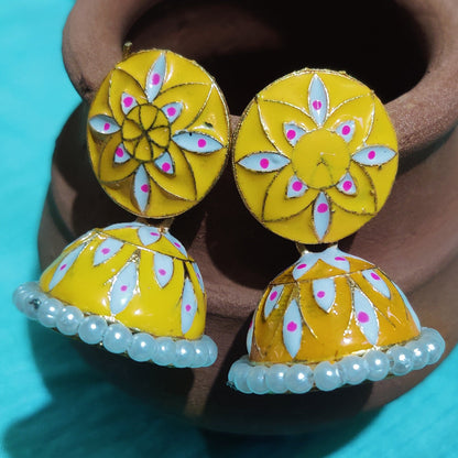 Vastradi Alloy Minakari White Beads Jhumki in Yellow Colour VSER1200017