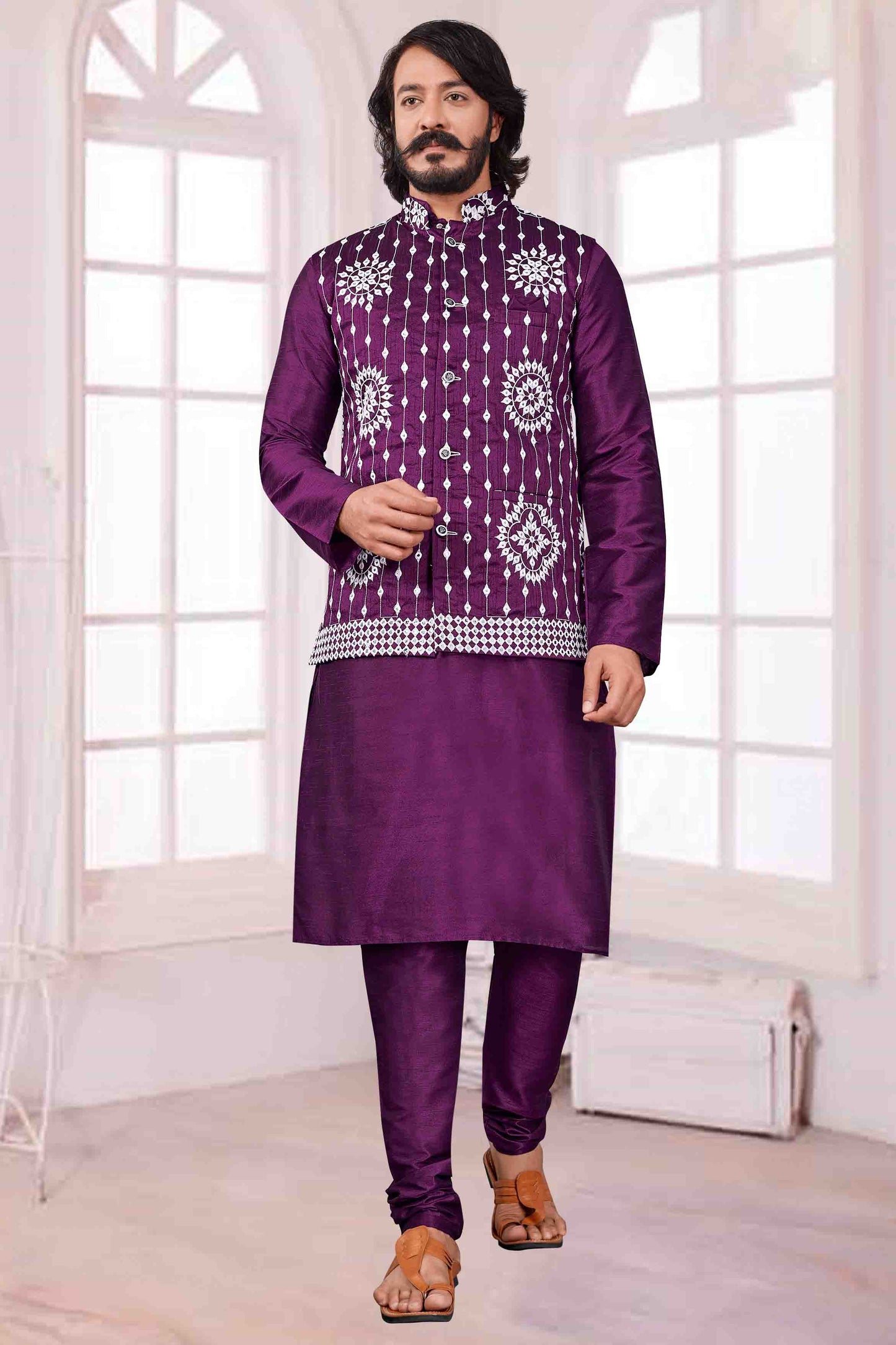 Violet Colour Kurta Pajama With Jacket In Art Silk VSKP1210382
