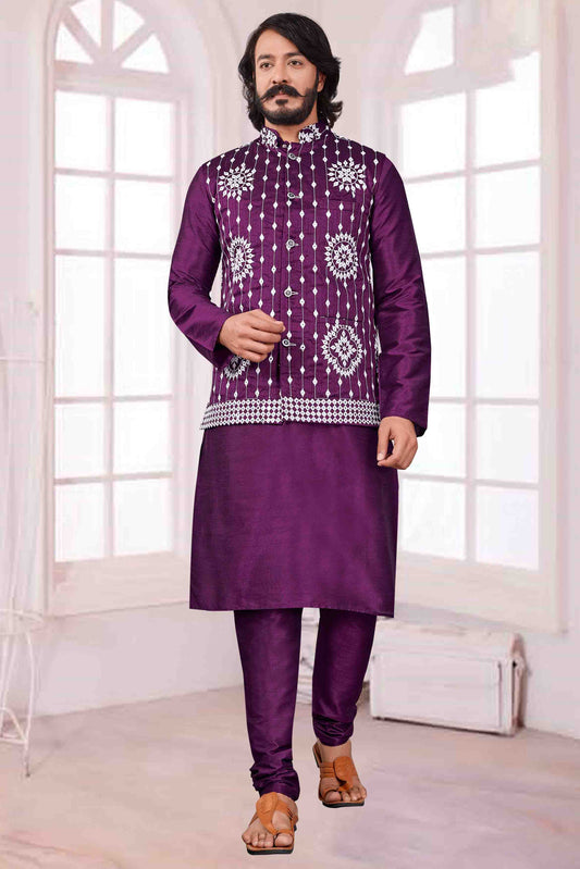 Violet Colour Kurta Pajama With Jacket In Art Silk VSKP1210382