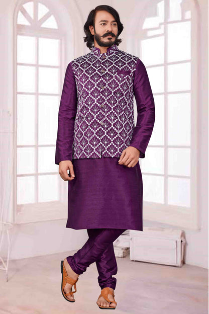 Violet Colour Kurta Pajama With Jacket In Art Silk VSKP1210392