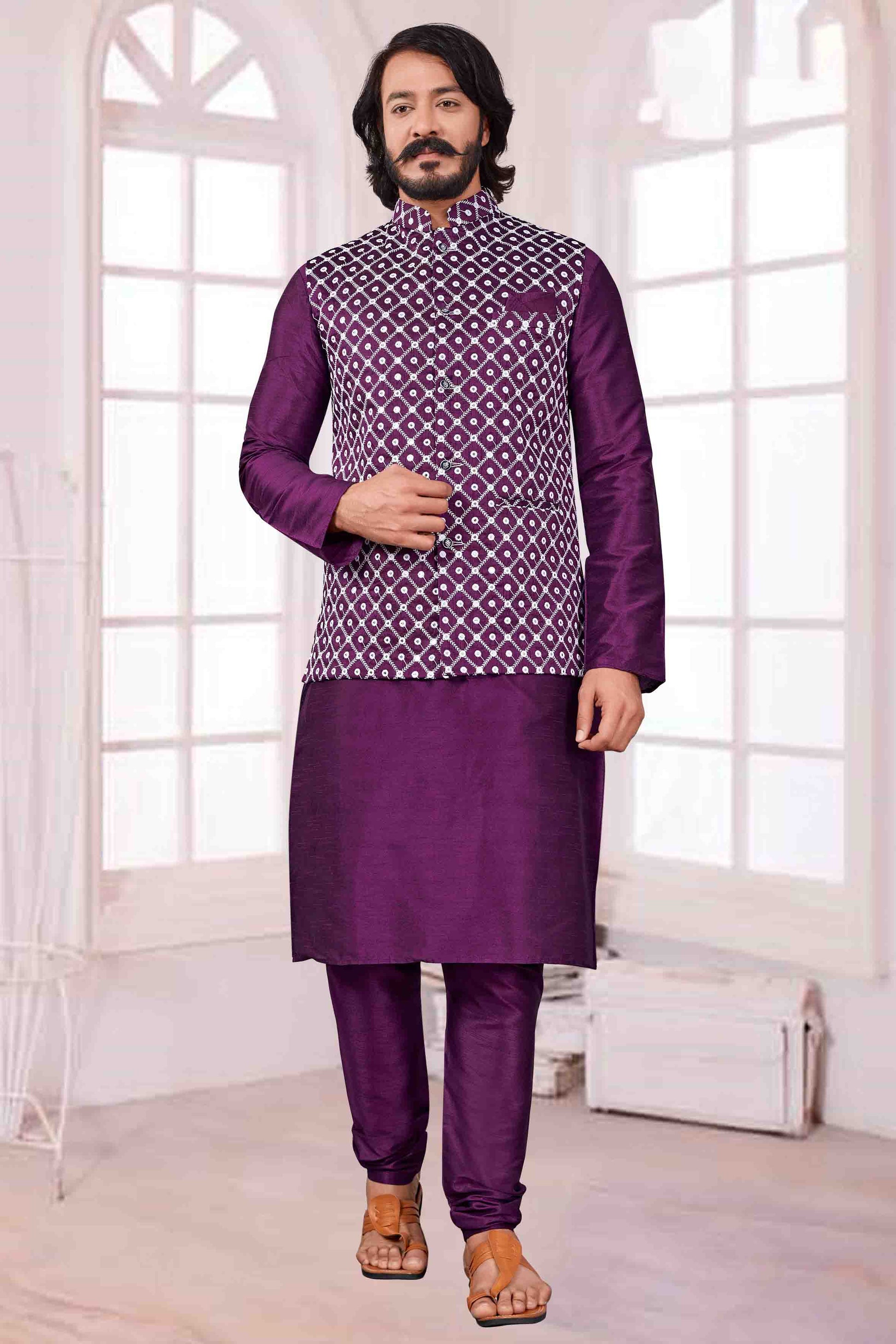 Shop Violet Kurta Pajama With Jacket In Art Silk VSKP1210402