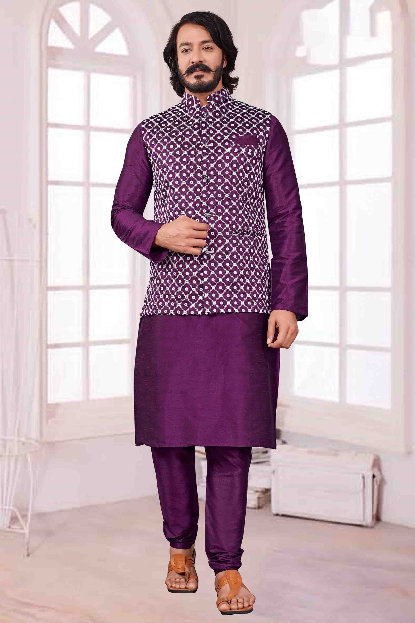 Violet Colour Kurta Pajama With Jacket In Art Silk VSKP1210402