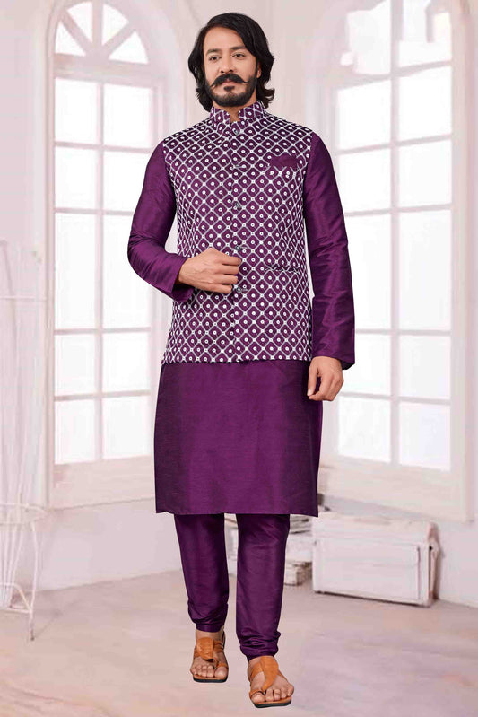 Violet Colour Kurta Pajama With Jacket In Art Silk VSKP1210402