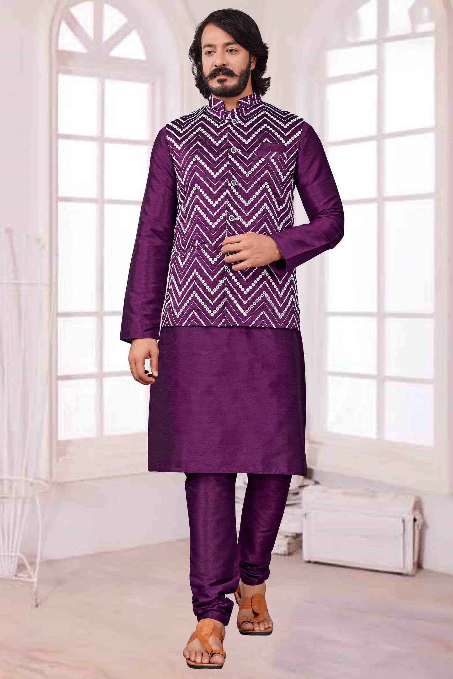 Violet Colour Kurta Pajama With Jacket In Art Silk VSKP1210412