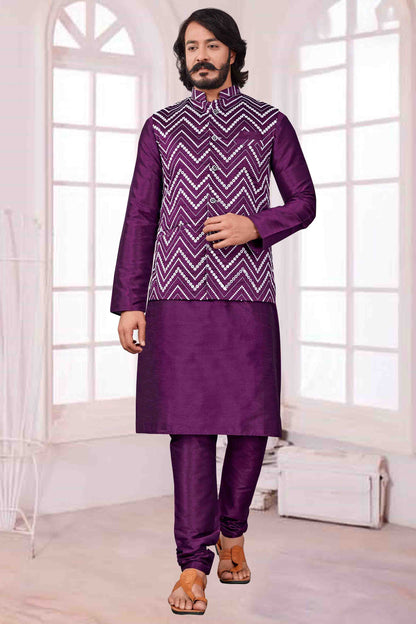 Violet Colour Kurta Pajama With Jacket In Art Silk VSKP1210412
