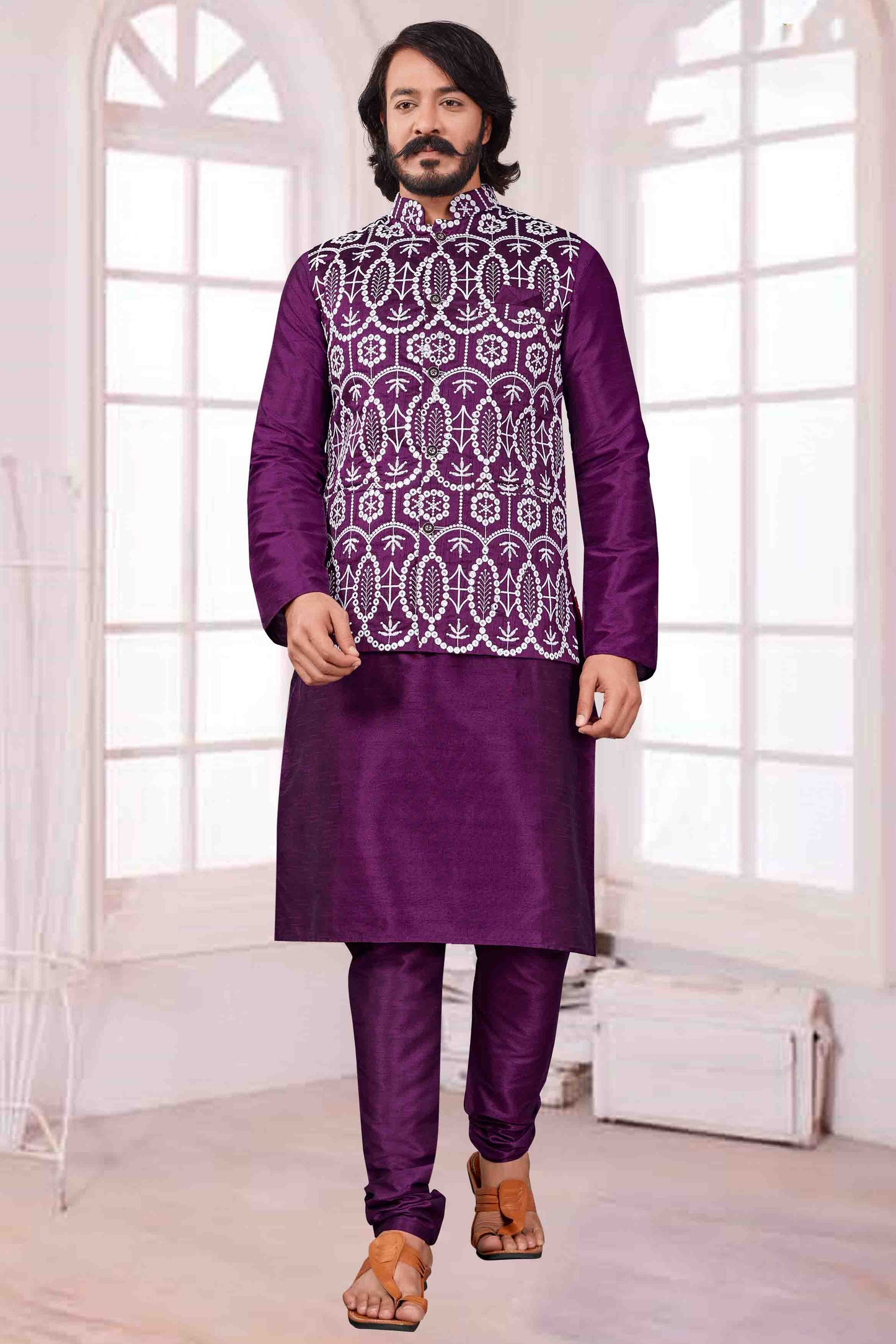 Violet Colour Kurta Pajama With Jacket In Art Silk VSKP1210428