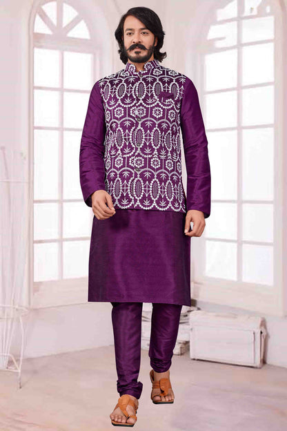 Violet Colour Kurta Pajama With Jacket In Art Silk VSKP1210428