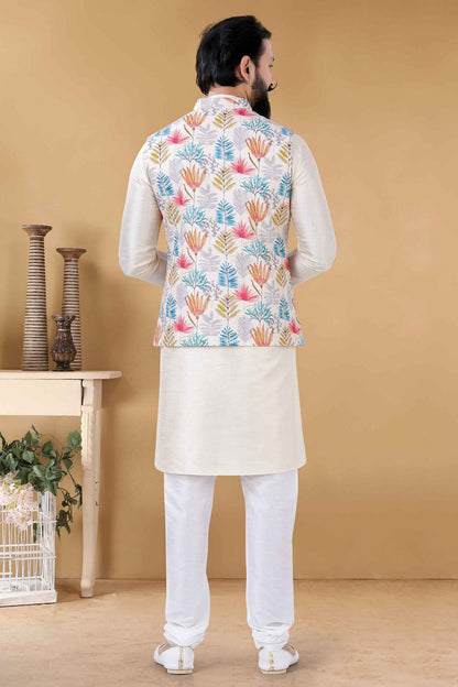 White Colour Cotton Kurta Pajama With Jacket VSKP1130092