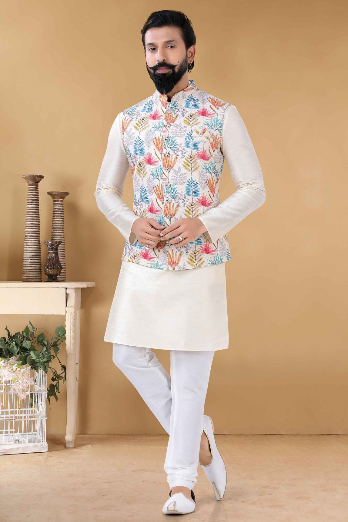 White Colour Cotton Kurta Pajama With Jacket VSKP1130092
