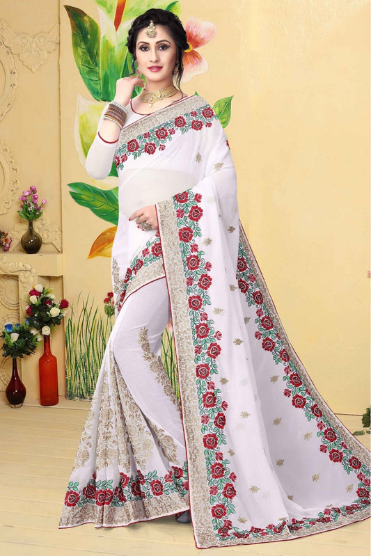 White Colour Georgette Embroidered Saree VSSD1120425