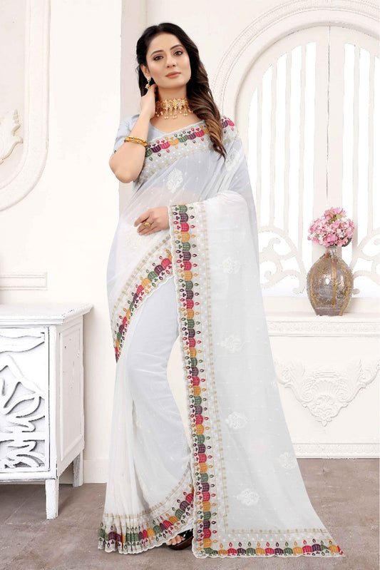 White Colour Georgette Embroidery Saree VSSD1090280