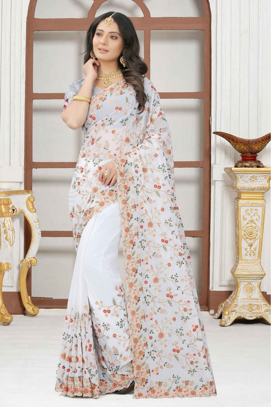 White Colour Georgette Embroidery Saree VSSD1090318