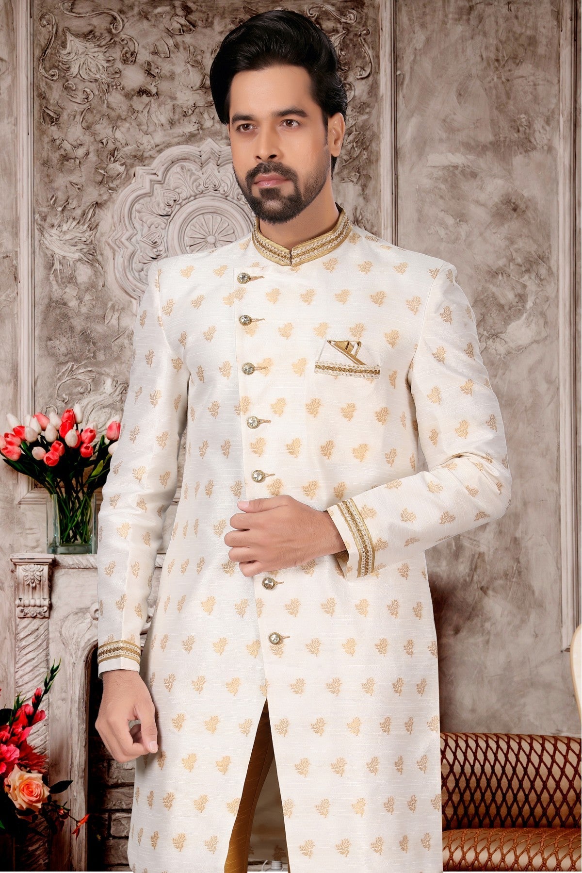 White Colour Jacquard Sherwani VSSH1040301