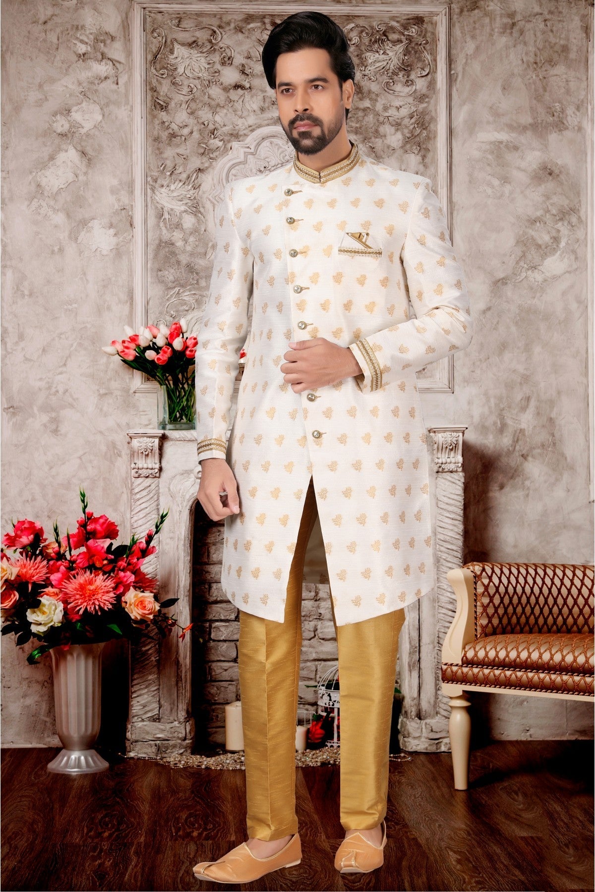 White Colour Jacquard Sherwani VSSH1040301