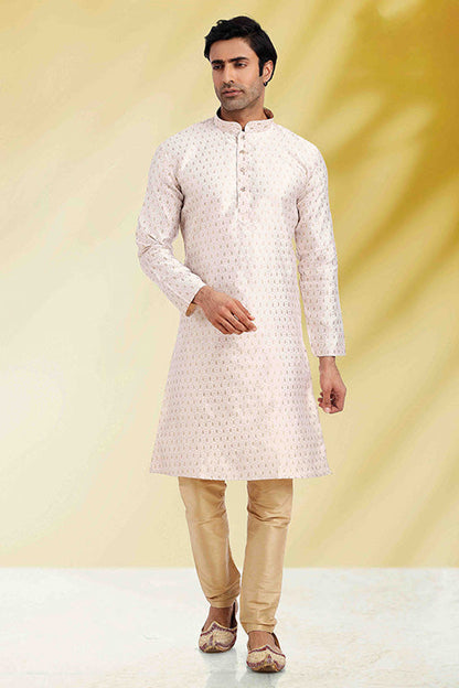White Colour Kurta Pajama In Jacquard