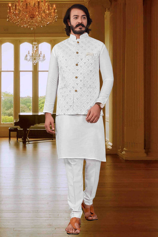 White Colour Kurta Pajama With Jacket In Art Silk VSKP1210372