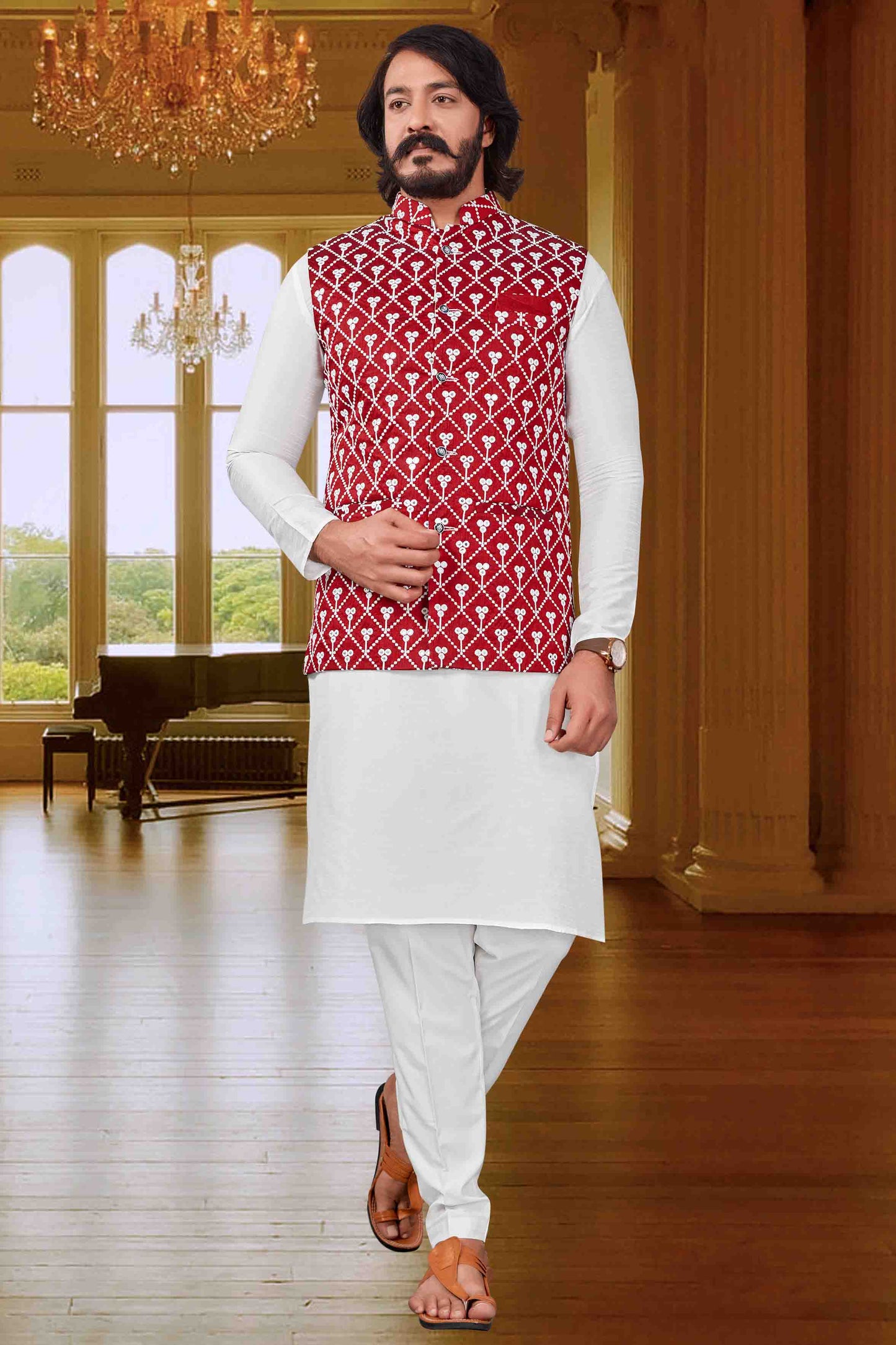 White Colour Kurta Pajama With Jacket In Art Silk VSKP1210373