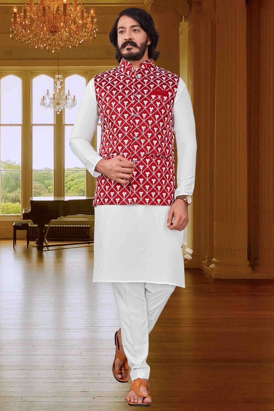 White Colour Kurta Pajama With Jacket In Art Silk VSKP1210373