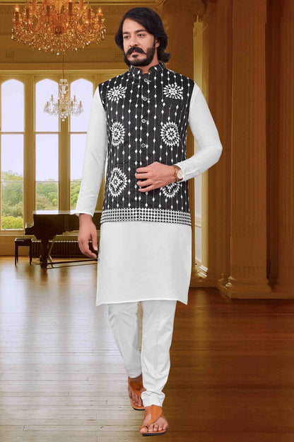 White Colour Kurta Pajama With Jacket In Art Silk VSKP1210384