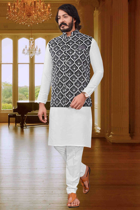 White Colour Kurta Pajama With Jacket In Art Silk VSKP1210397