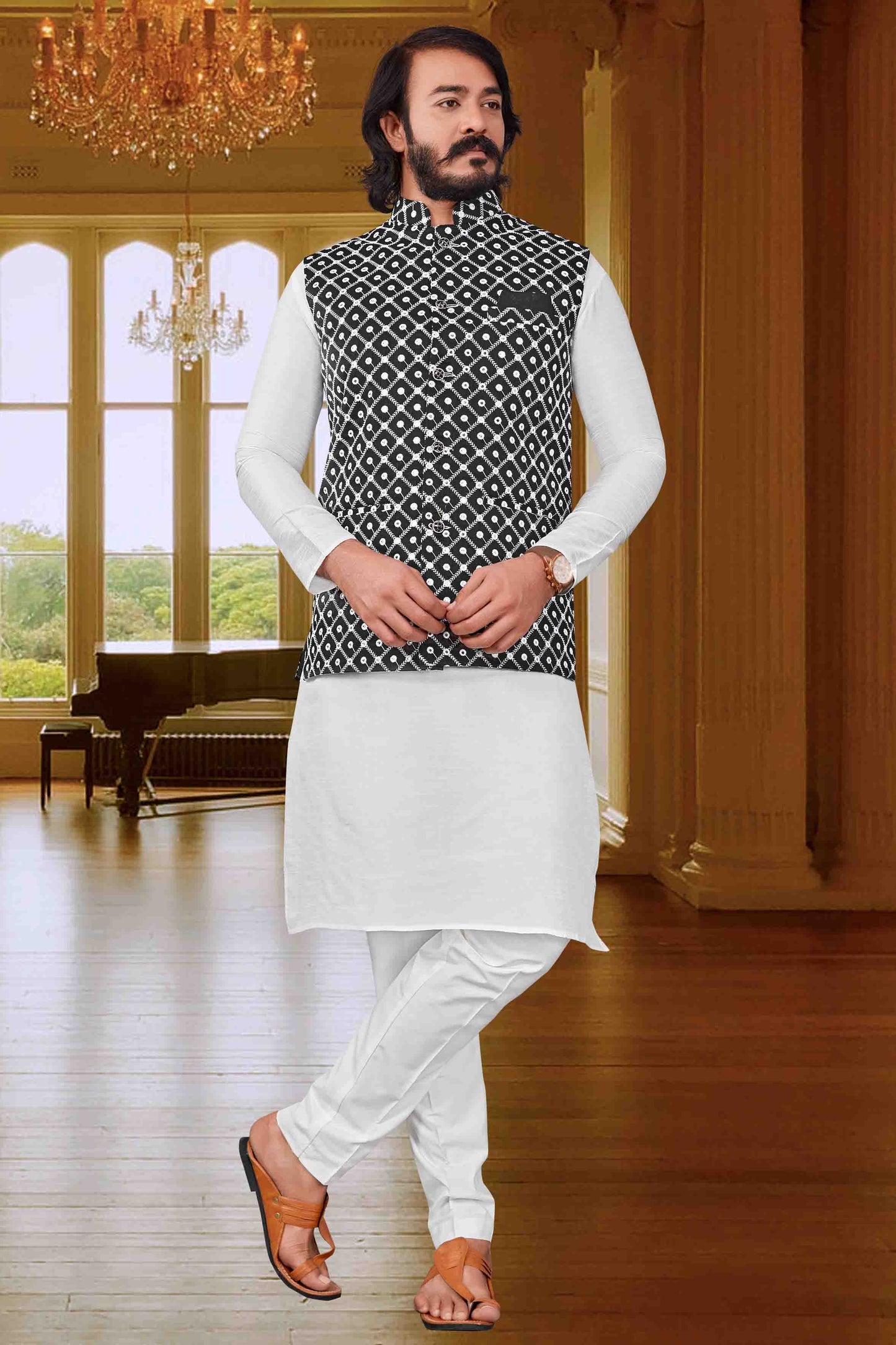 White Colour Kurta Pajama With Jacket In Art Silk VSKP1210405