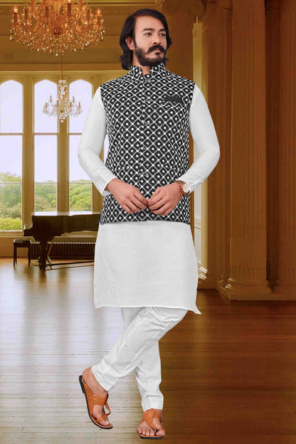 White Colour Kurta Pajama With Jacket In Art Silk VSKP1210405