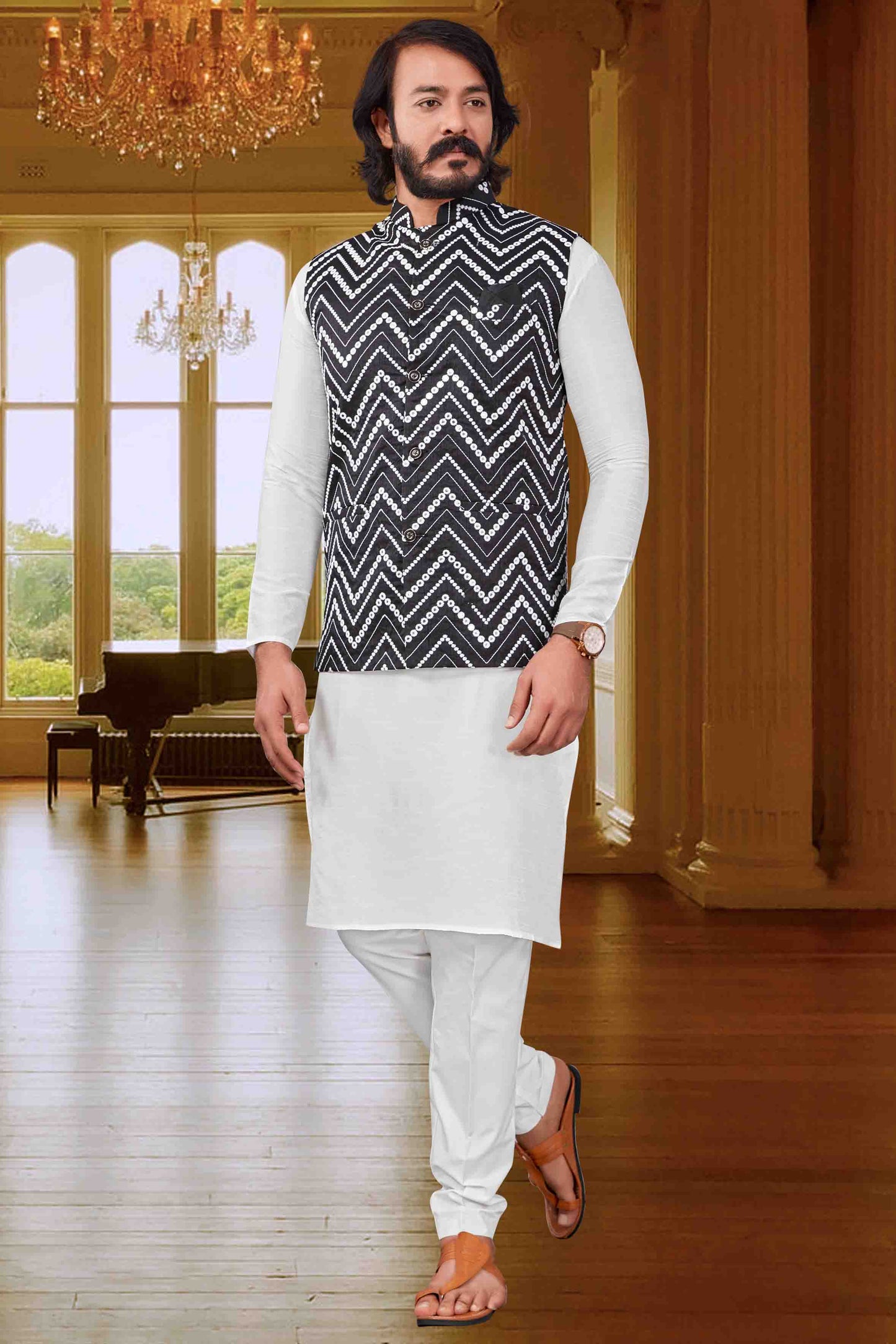 White Colour Kurta Pajama With Jacket In Art Silk VSKP1210416