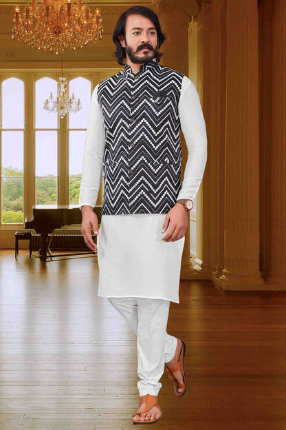 White Colour Kurta Pajama With Jacket In Art Silk VSKP1210416