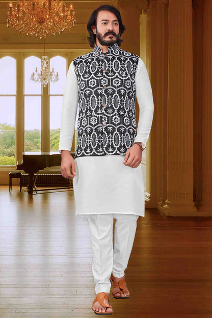 White Colour Kurta Pajama With Jacket In Art Silk VSKP1210421