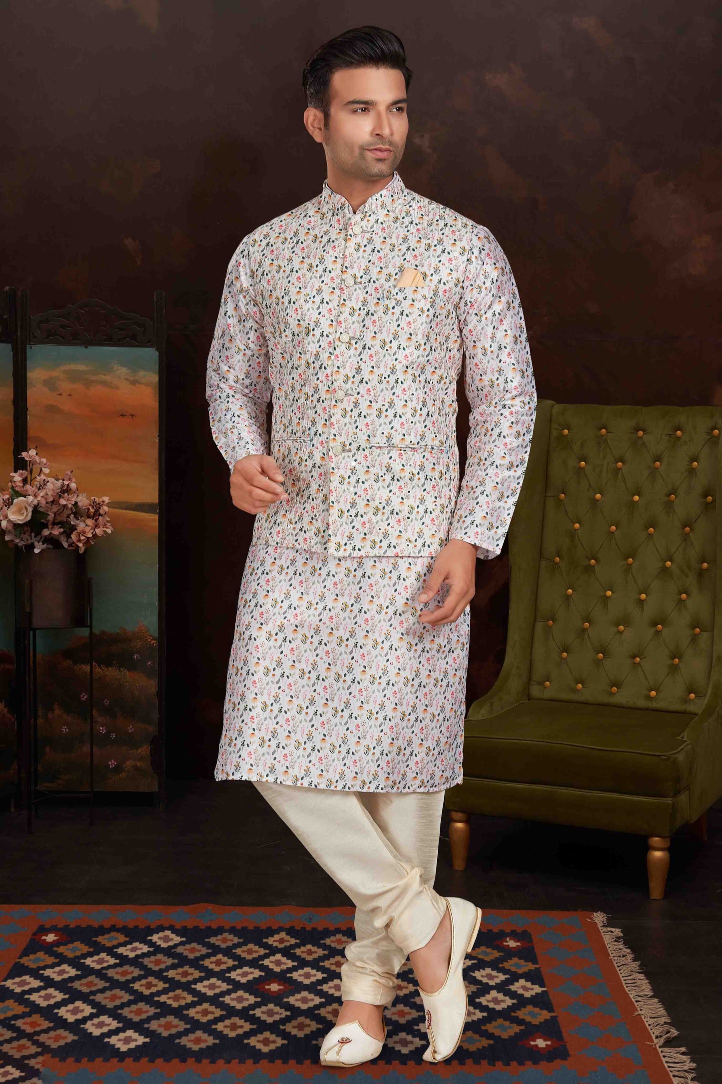 White Colour Kurta Pajama With Jacket In Malai Silk VSKP1210430