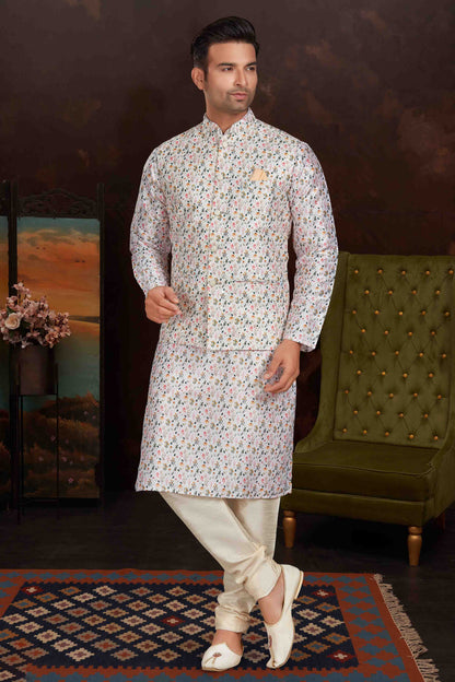 White Colour Kurta Pajama With Jacket In Malai Silk VSKP1210430