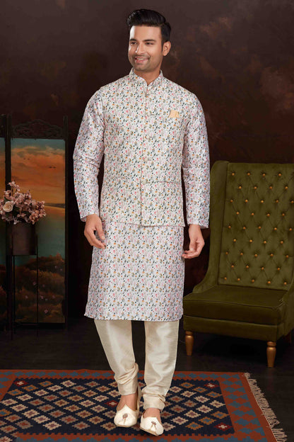 White Colour Kurta Pajama With Jacket In Malai Silk VSKP1210430
