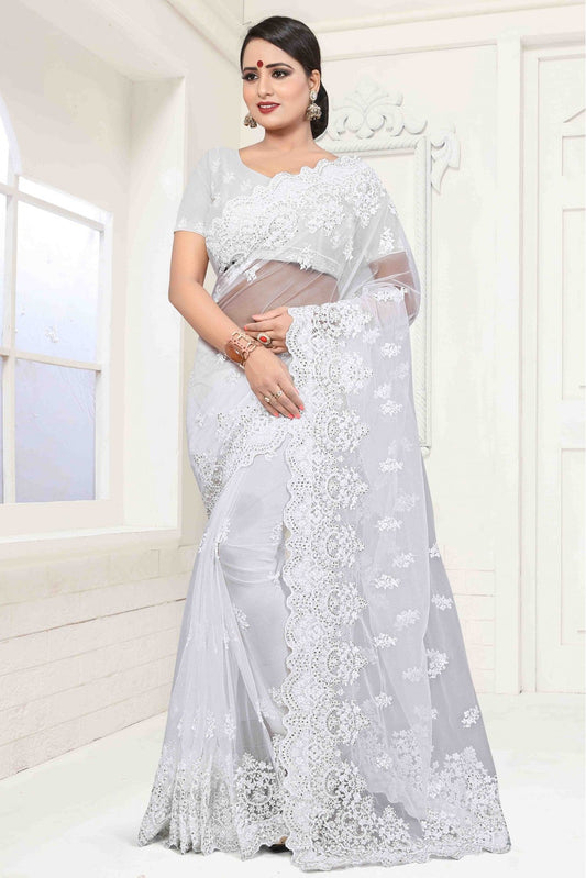 White Colour Net Designer Saree VSSD1090045