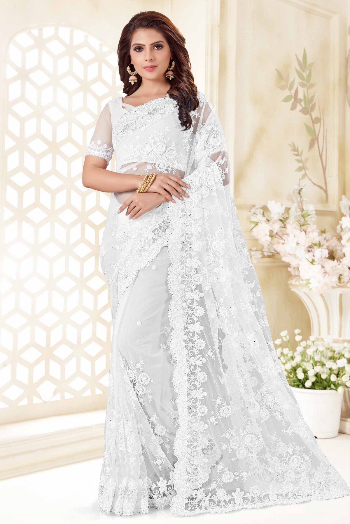 White Colour Net Designer Saree VSSD1090049
