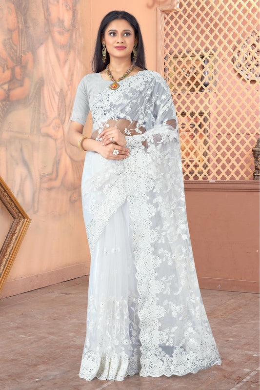White Colour Net Embroidery Saree VSSD1090393