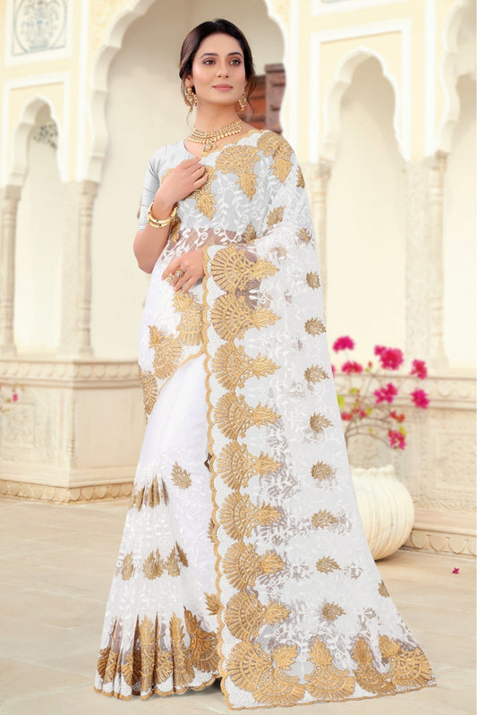 White Colour Net Embroidery Saree VSSD1090438