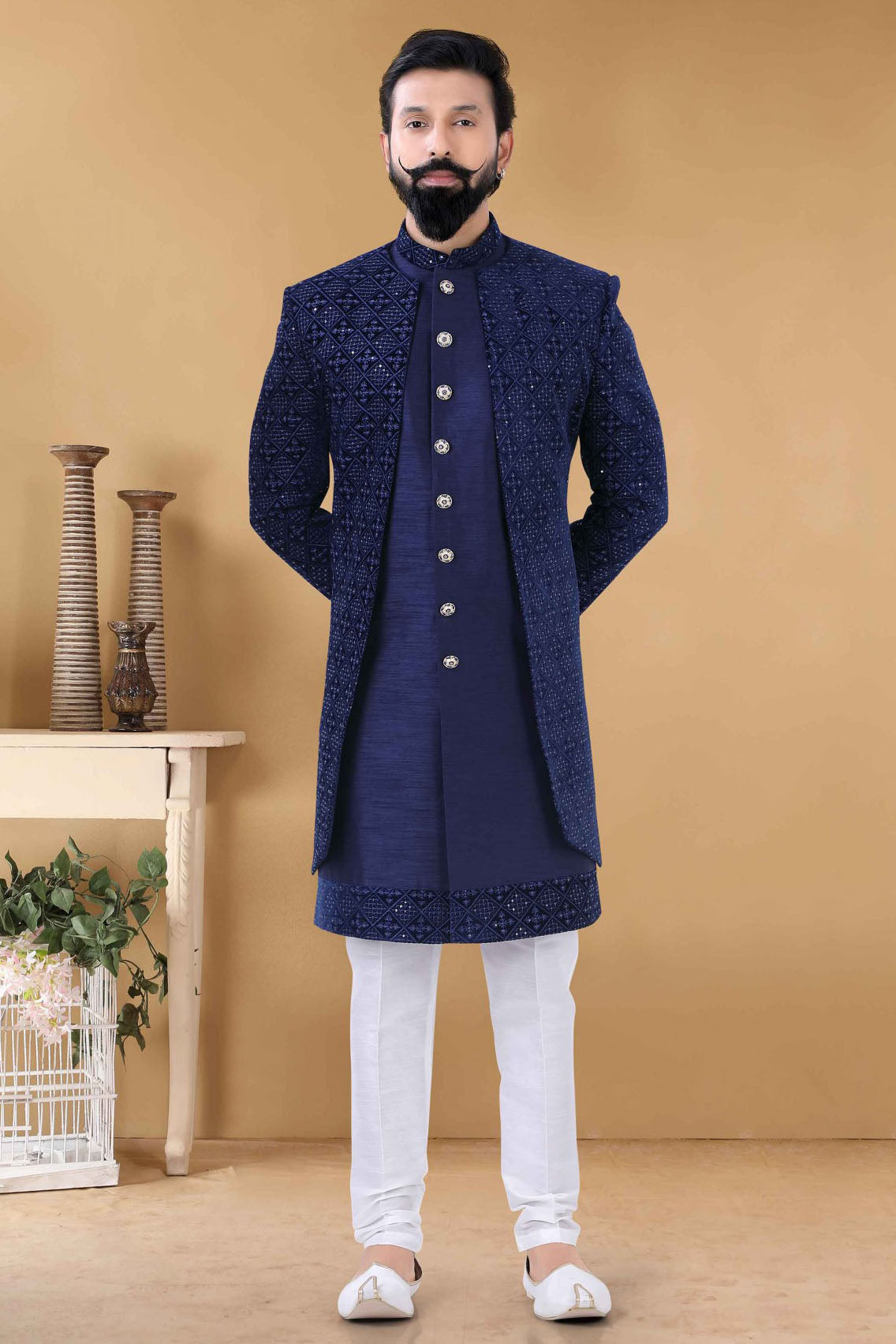 White Colour Silk Indo Western Sherwani VSSH1130033