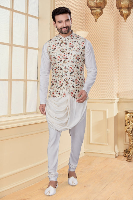 White and Cream Colour Kurta Pajama With Jacket In Soft Silk Fabric VSKP1040180